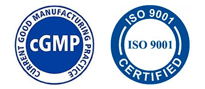 Current Good Manufacturing and ISO 9001 Certified seals of approval. 