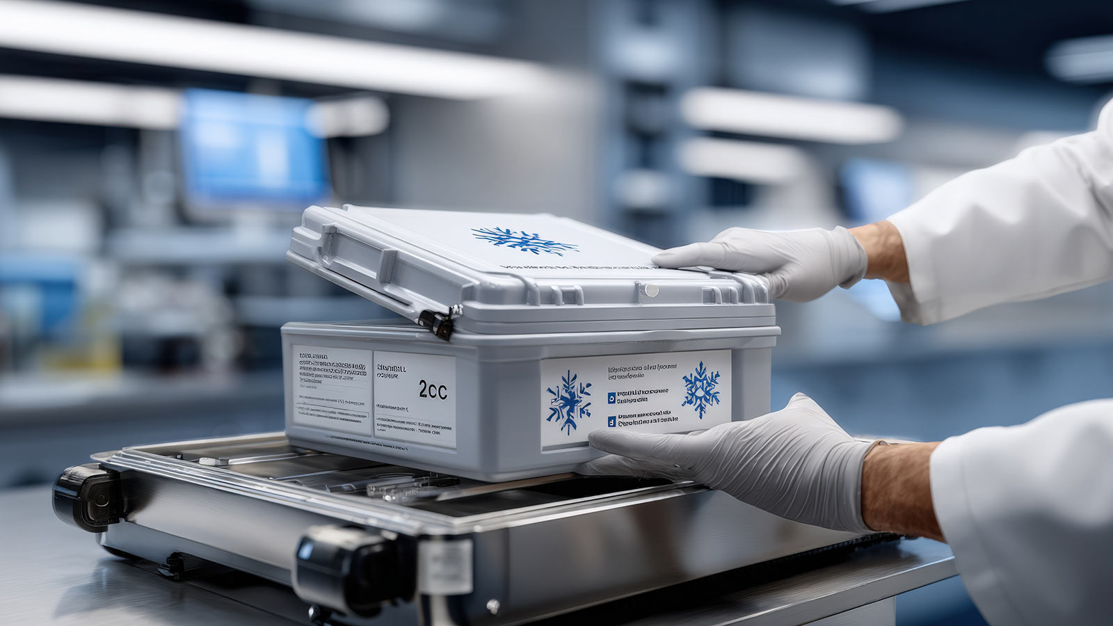 Person in white gloves examining a hard case with snowflake stickers on the outside.