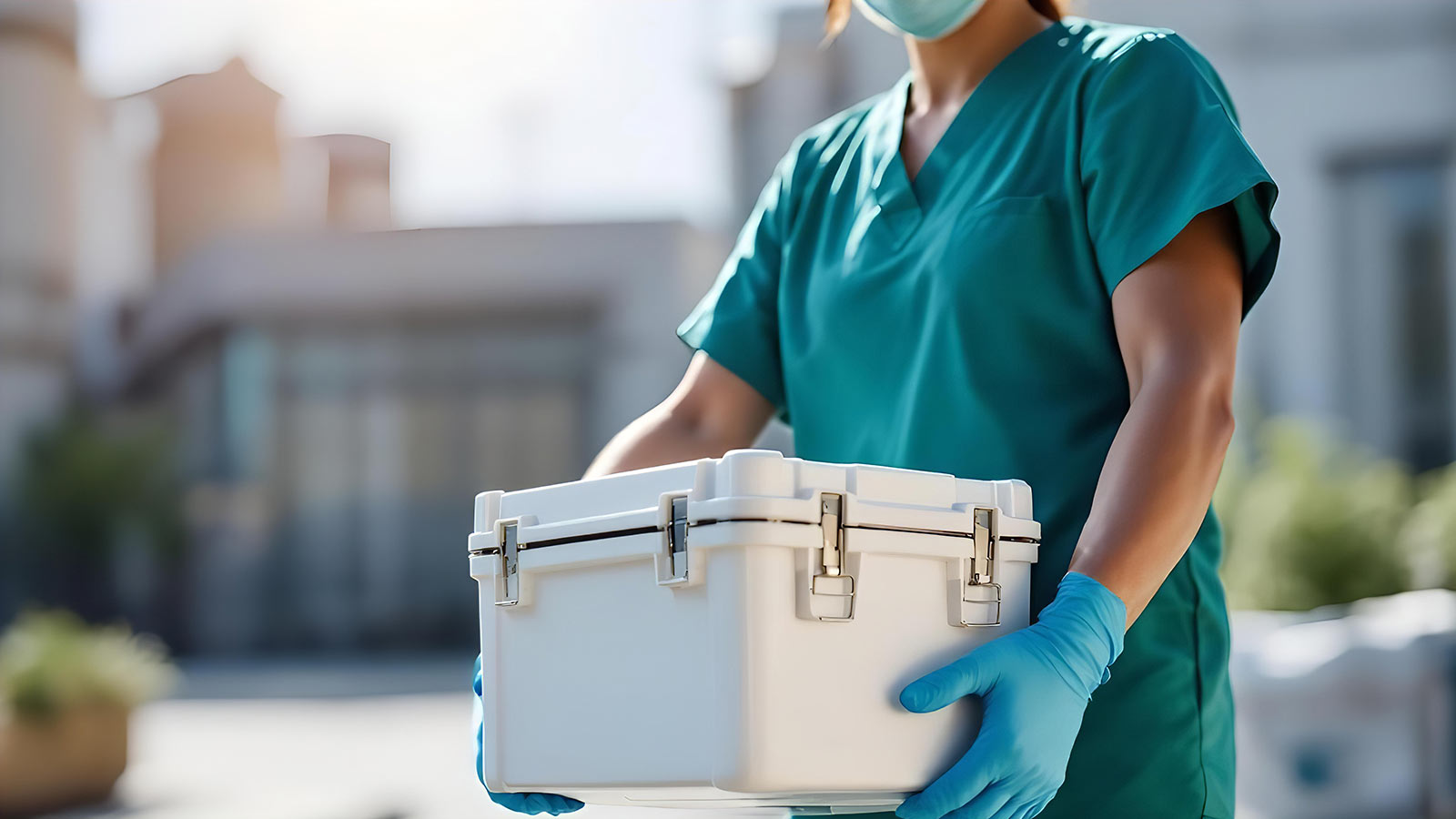 Person in medical scrubs carrying a hard case.